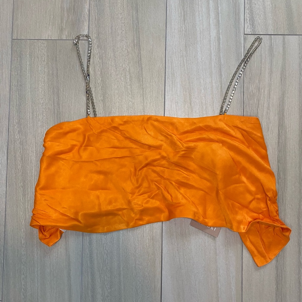Meshki Dayana straight cut crop top orange silver rhinestone strap XL